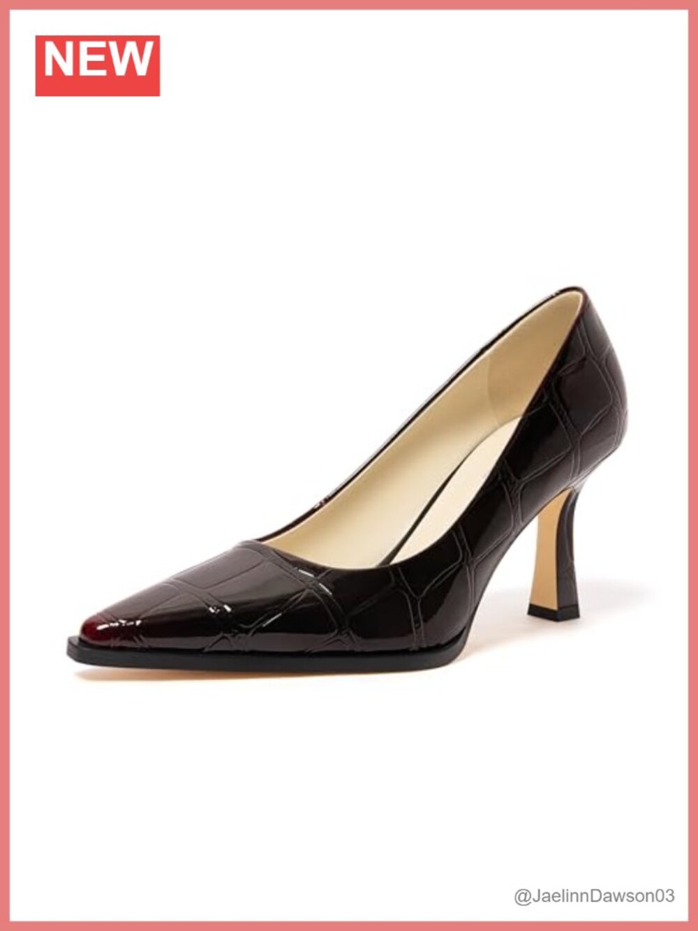 Croc-Embossed Patent Pointed Toe Mid Heel Pumps for Women